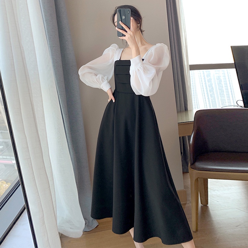 Váy vintage dáng dài tiểu thư kiểu tay bồng, Váy xòe dài tay nữ dáng suông ulzzang Hàn Quốc | BigBuy360 - bigbuy360.vn