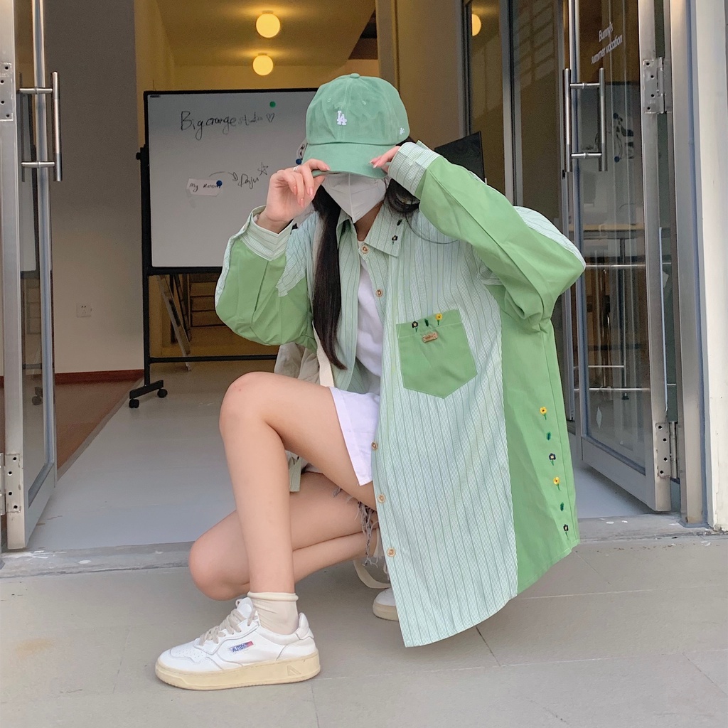 Áo Sơ Mi Nữ Dài Tay Cổ Bẻ Form Rộng Họa Tiết Sọc Vintage Thời Trang