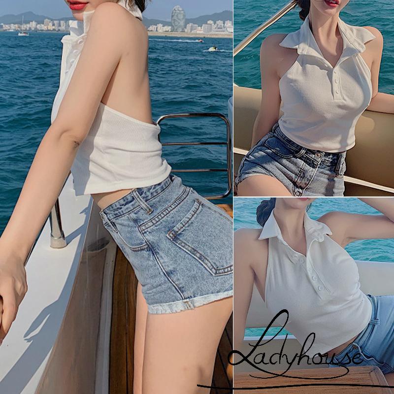 Áo Crop Top Hai Dây Cổ Yếm Cài Nút Màu Trơn Thời Trang Mùa Hè Cho Nữ