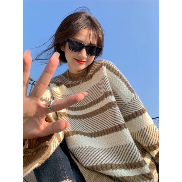 Áo len dệt kim dáng rộng hoạ tiết kẻ ngang dày dặn cho nam nữ phong cách hàn Quốc unisex HanaStore