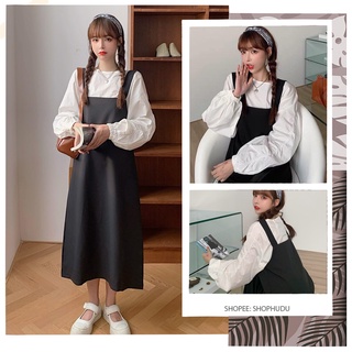 SV006 Bộ yếm kaki đen và áo sơ mi trắng tay bồng tiểu thư nữ tính, bộ váy hai dây dài suông và áo chất đũi cute babydoll