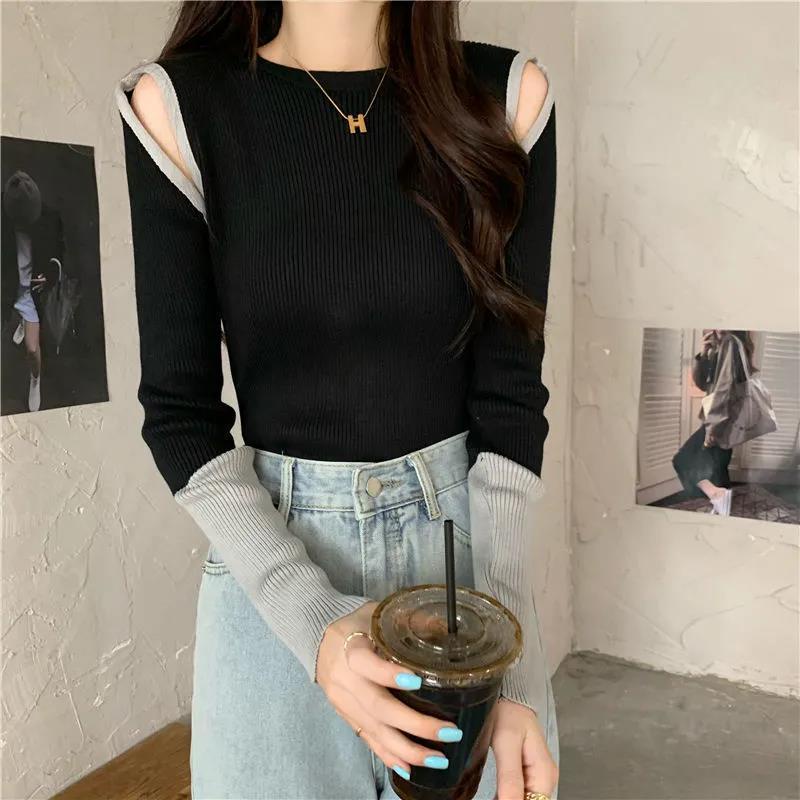 ANTUSON.Áo sweater dệt kim hở vai thời trang mùa thu Hàn Quốc cho nữ 2023