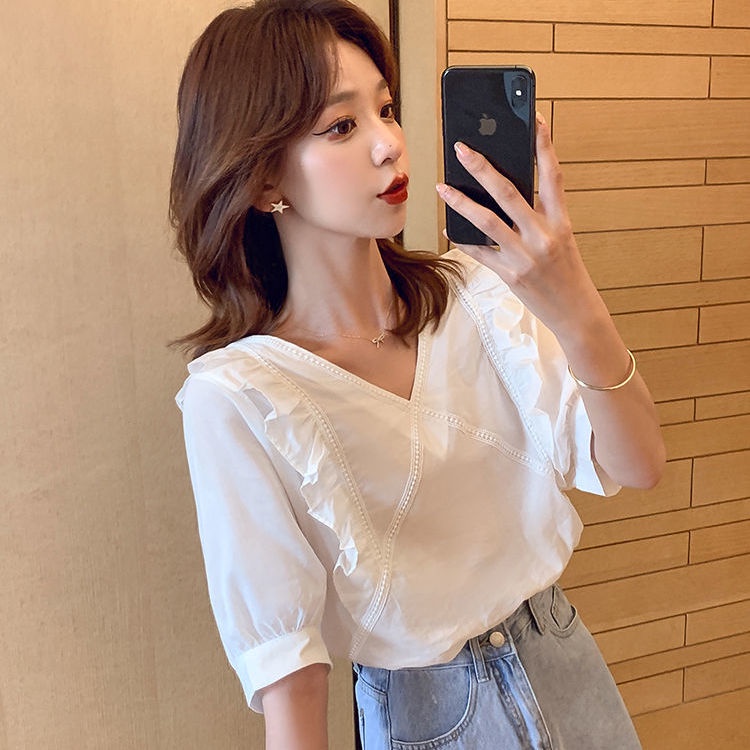 Áo kiểu tay ngắn phồng cổ chữ V dáng rộng phong cách Hàn Quốc thời trang cho nữ