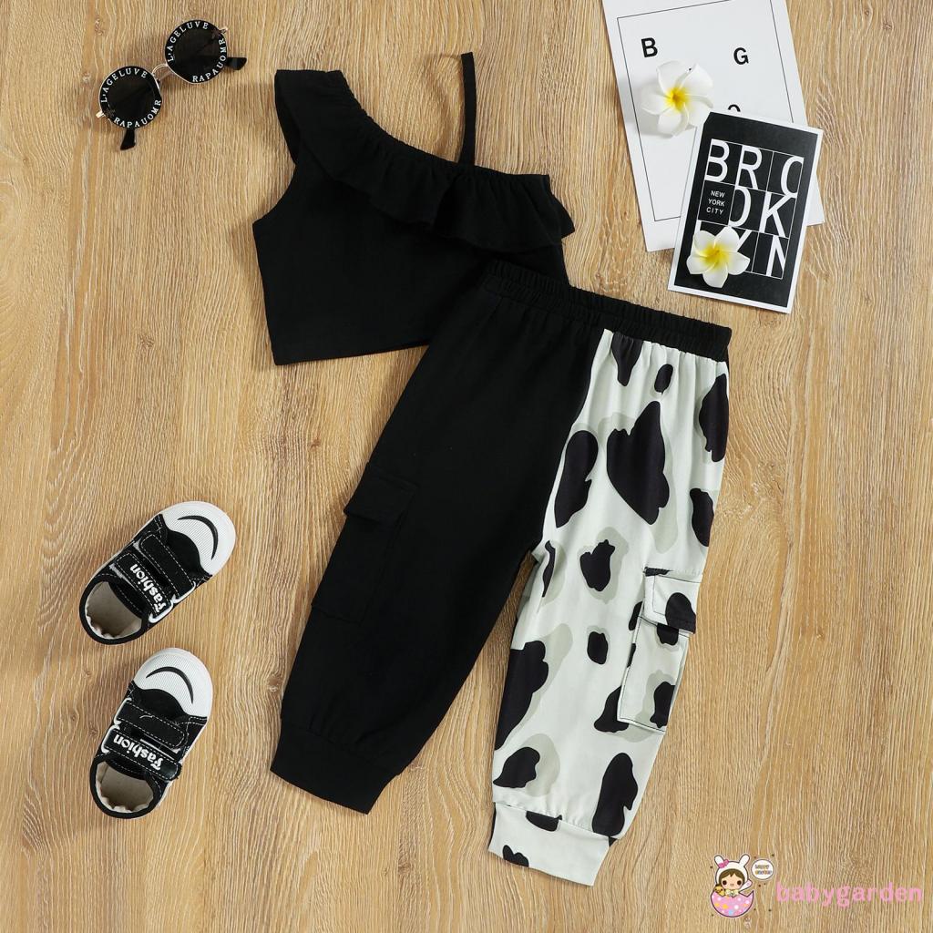 Bộ Áo Hai Dây Không Tay Kèm Quần Họa Tiết Bò Sữa Thời Trang Mùa Hè Cho Bé Gái 1-6 Tuổi