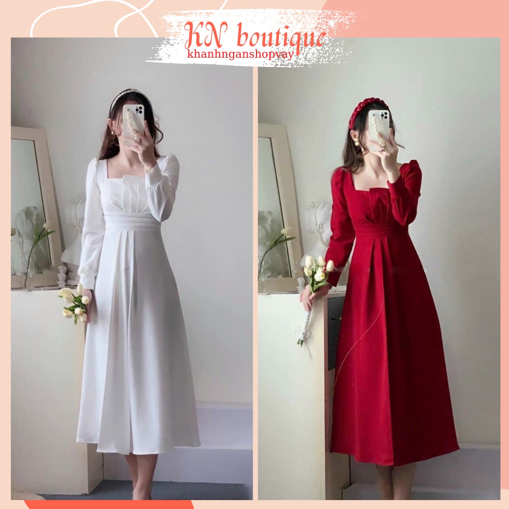 Đầm thiết kế dự tiệc tay dài váy trắng cô dâu đầm đỏ sang trọng váy cưới xinh váy nữ xòe ngực xếp kiểu K N Boutique