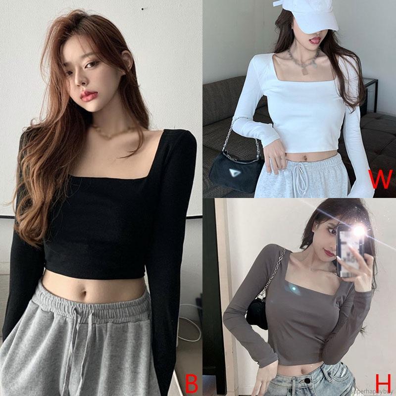 Áo thun lửng nữ tay dài cổ vuông 1 màu giản dị