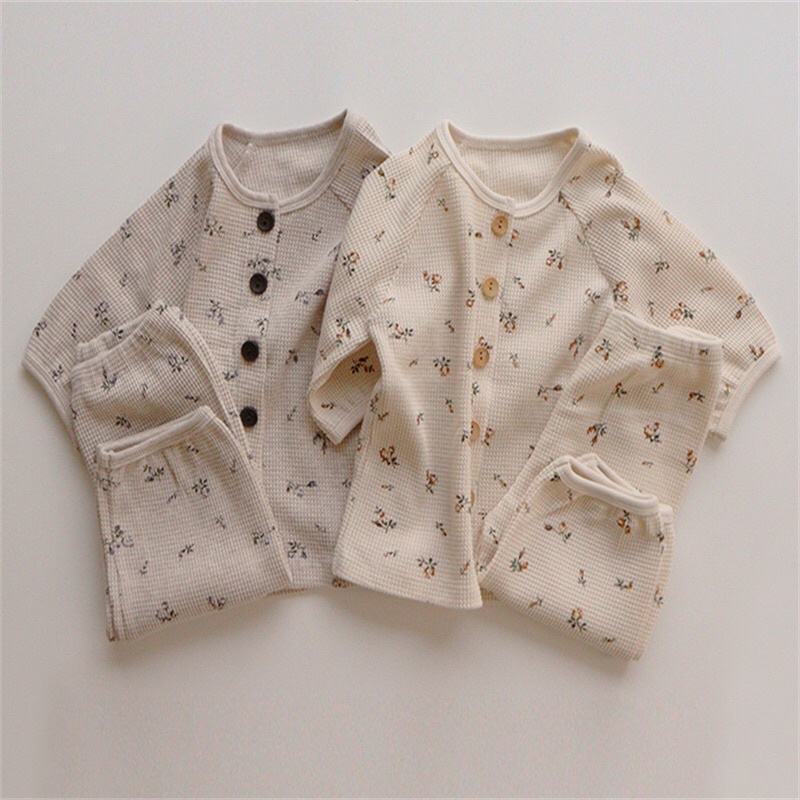 Thu Đông Bộ Dài Tay Cho Bé Trai Bé Gái Waffle🌺Hot Nhất🌺 Quần Áo Đồ Ngủ Dài Tay Cho Bé Trai Gái Style Hàn Quốc