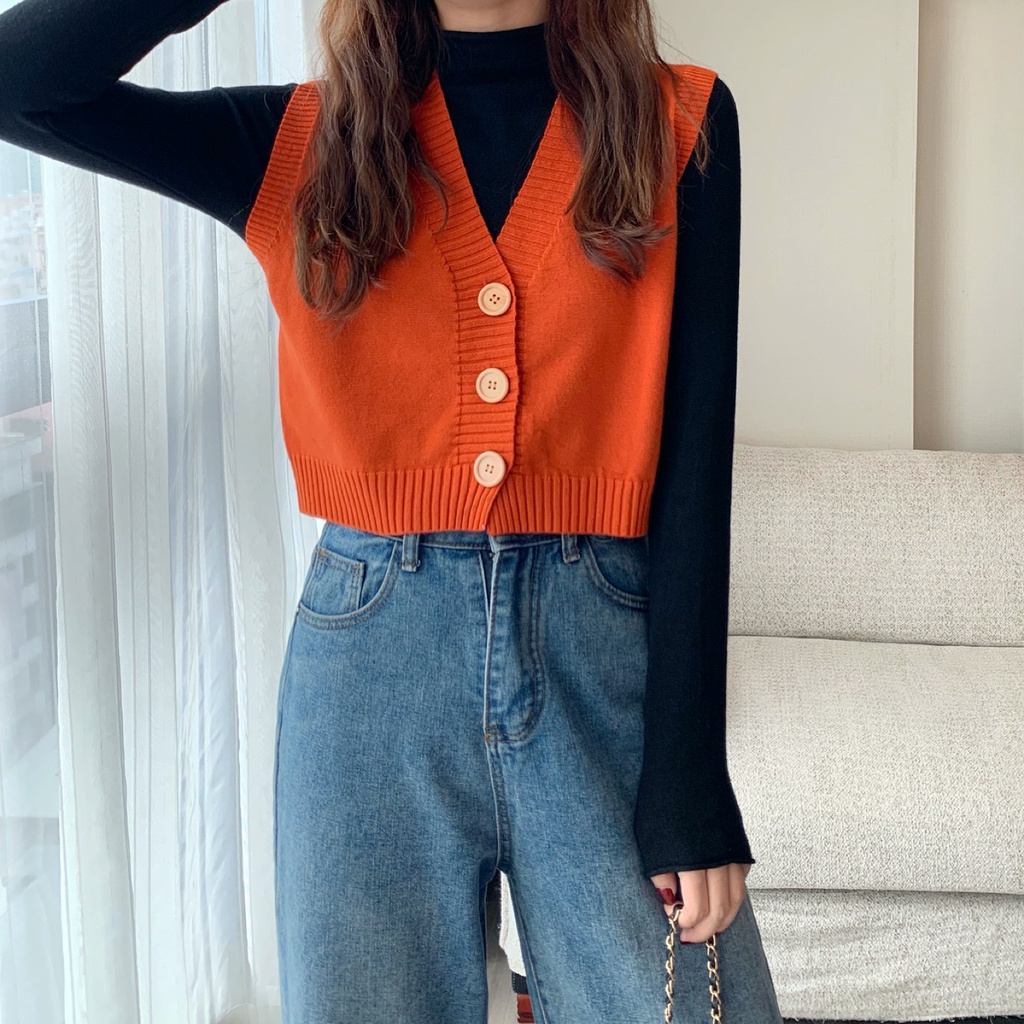 Áo croptop XIAOZHAINV dệt kim không tay cổ chữ V đơn giản dành cho nữ