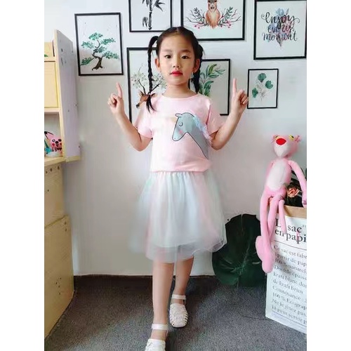 Sét váy cộc tay phối chân cầu vồng hoạ tiết ngựa Pony cho bé gái (Cao 110-160cm, nặng 14-40kg) N00961