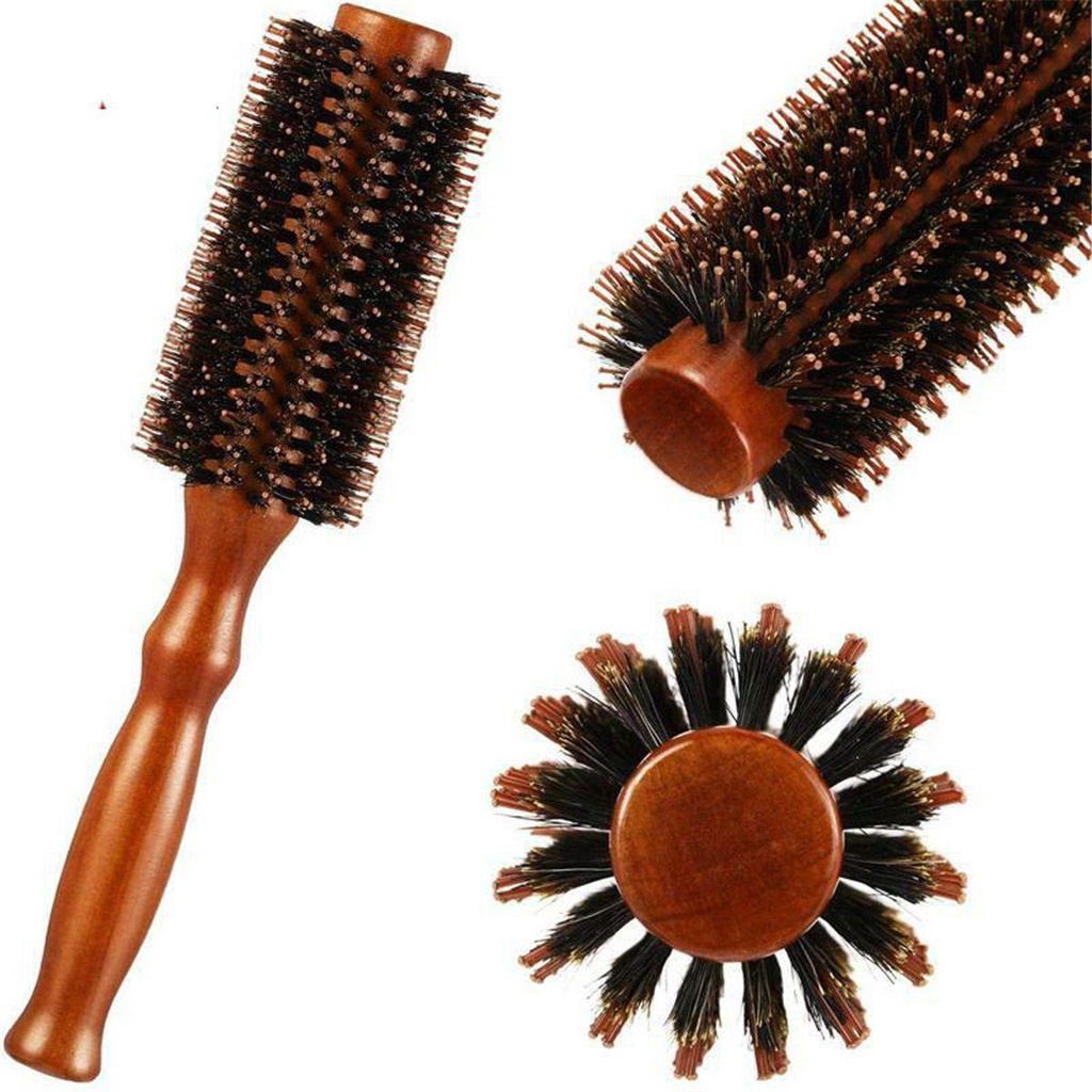OKDEALS Lady Boar Bristle Round Brush Handle Styling Brush Round Hair Brush Beauty Portable Wooden Hairdressing Tool Hairbrush