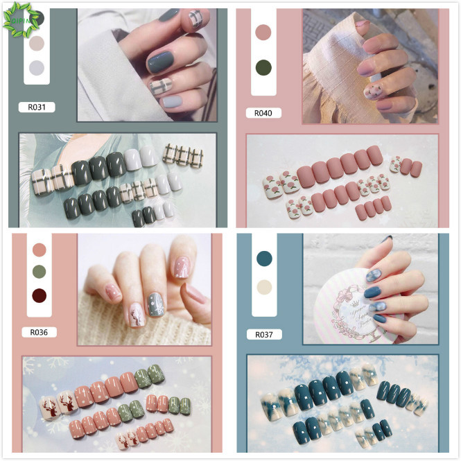 Set 24 móng tay giả gồm màu xanh dương và hồng đào xinh xắn