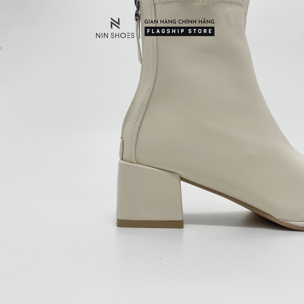 Giày Boot nữ 3p gót vuông chỉ gchéo kéo khóa sau da si Ninshoes | BigBuy360 - bigbuy360.vn
