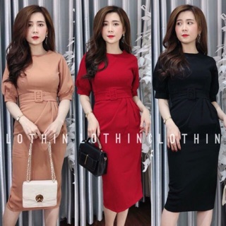 [Kèm ảnh thật] Đầm body tay phồng đai eo