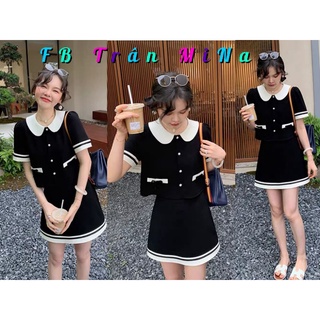 Set croptop cổ sen viền trắng + chân váy đen viền - a0