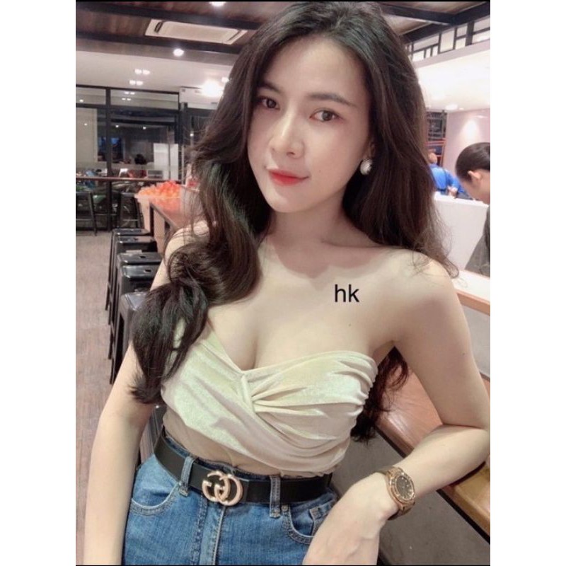 Áo hai dây xoắn ngực chất vải nhung thun có mút ngực hàng y hình kèm ảnh thật chính chủ ( free size từ 40-53kg)