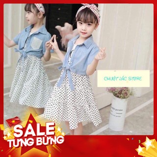 -Hàng nhập khẩu Sét Đầm váy bé gái size đại gồm váy đũi và áo khoác jean bò kiểu dáng hiện đại cho bé từ 25kg đến 40kg L