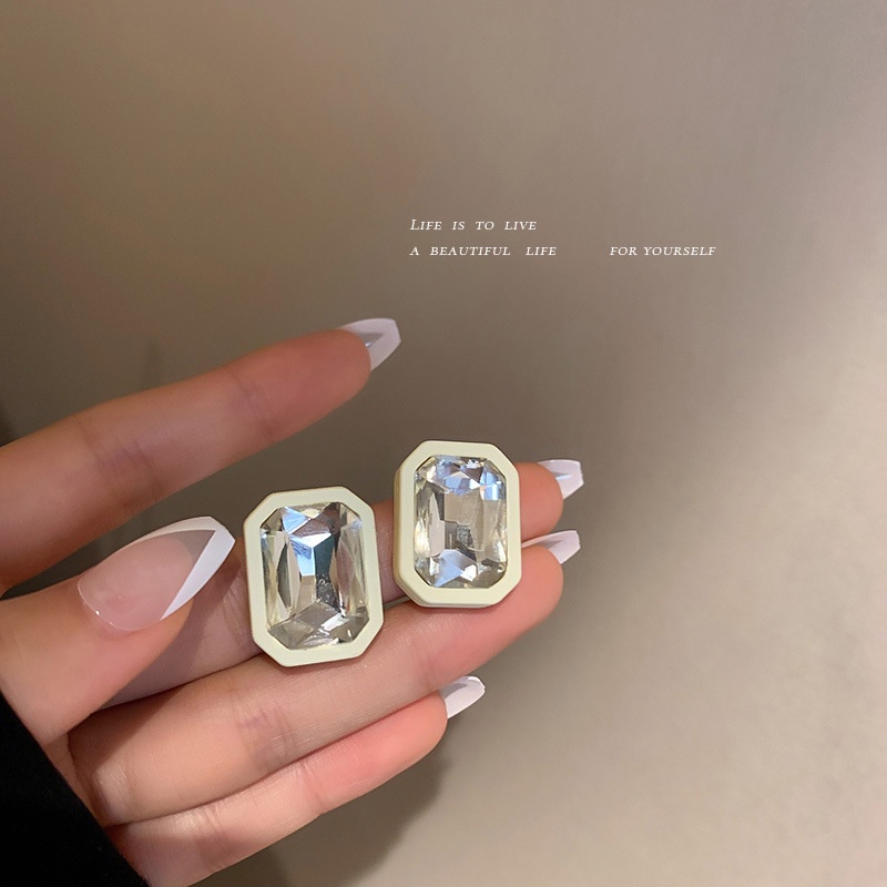 Bông tai bạc 925 hình học đính kim cương giả phong cách retro Hàn Quốc