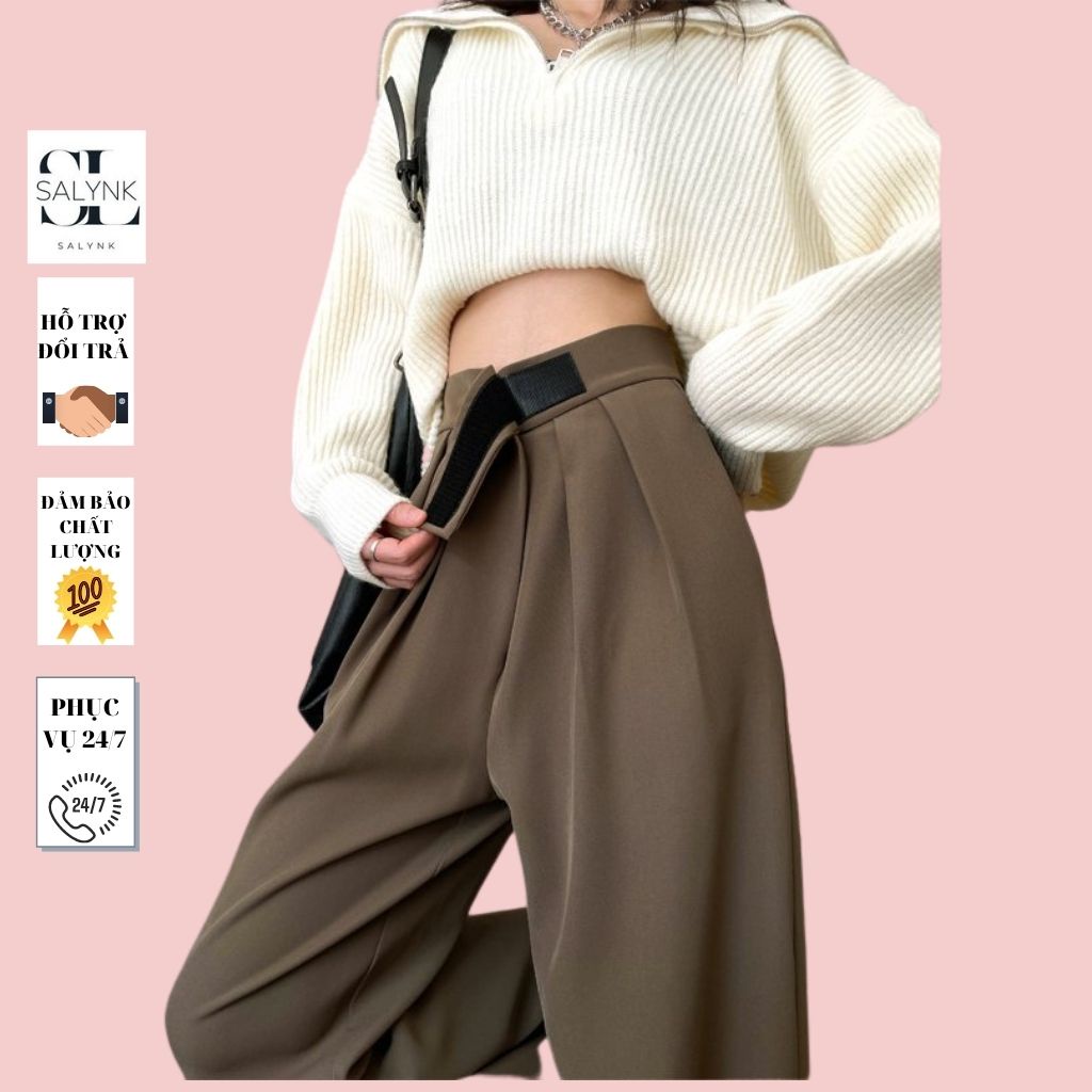 Quần ống rộng SALYNK lưng cạp cao ống suông vải nữ dài culottes xuông màu đen , nâu , xám