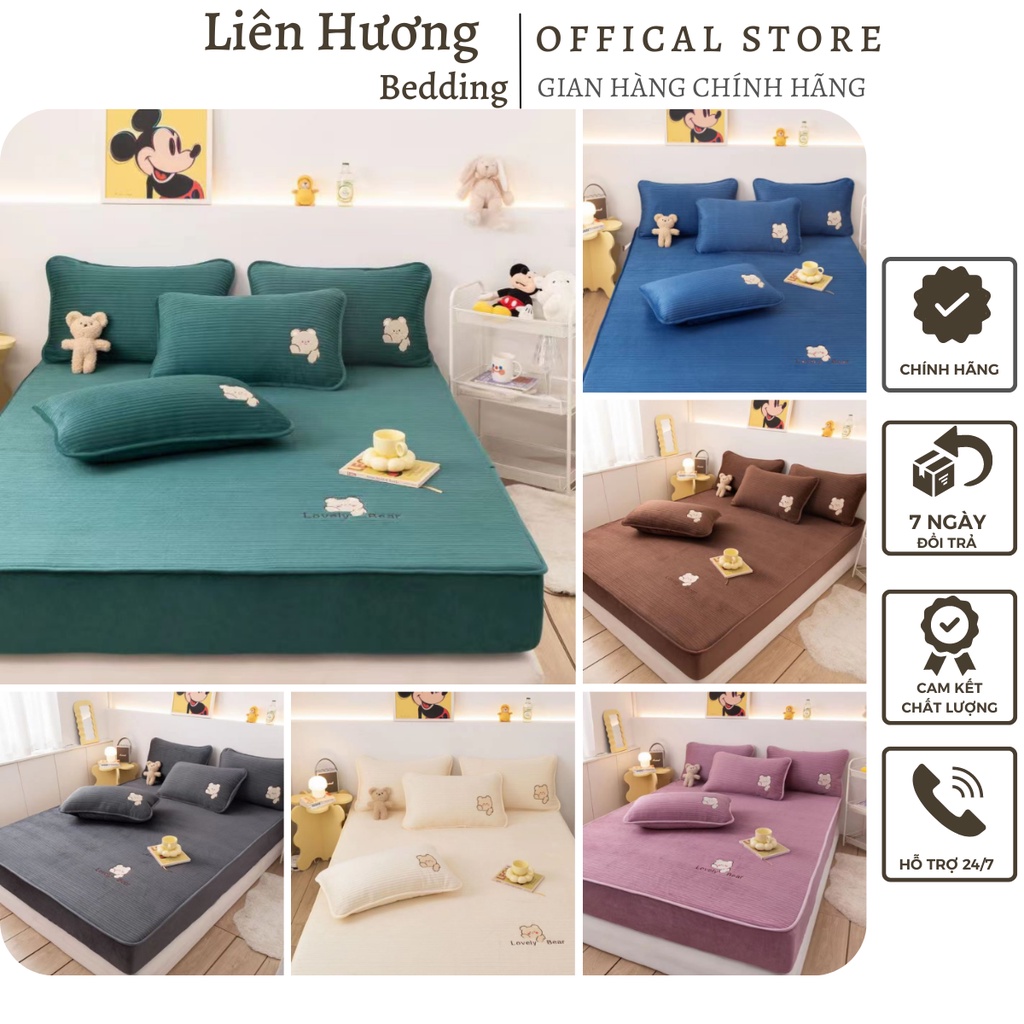 Bộ ga kèm 2 vỏ gối gấu cao cấp, Chất nỉ  nhung dầy dặn mềm mịn kháng khuẩn giữ nhiệt tốt an toàn cho da