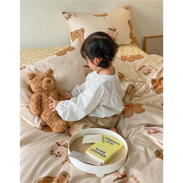 Sét Chăn Ga Gối Cotton Organic mẫu Gấu Bear nơ