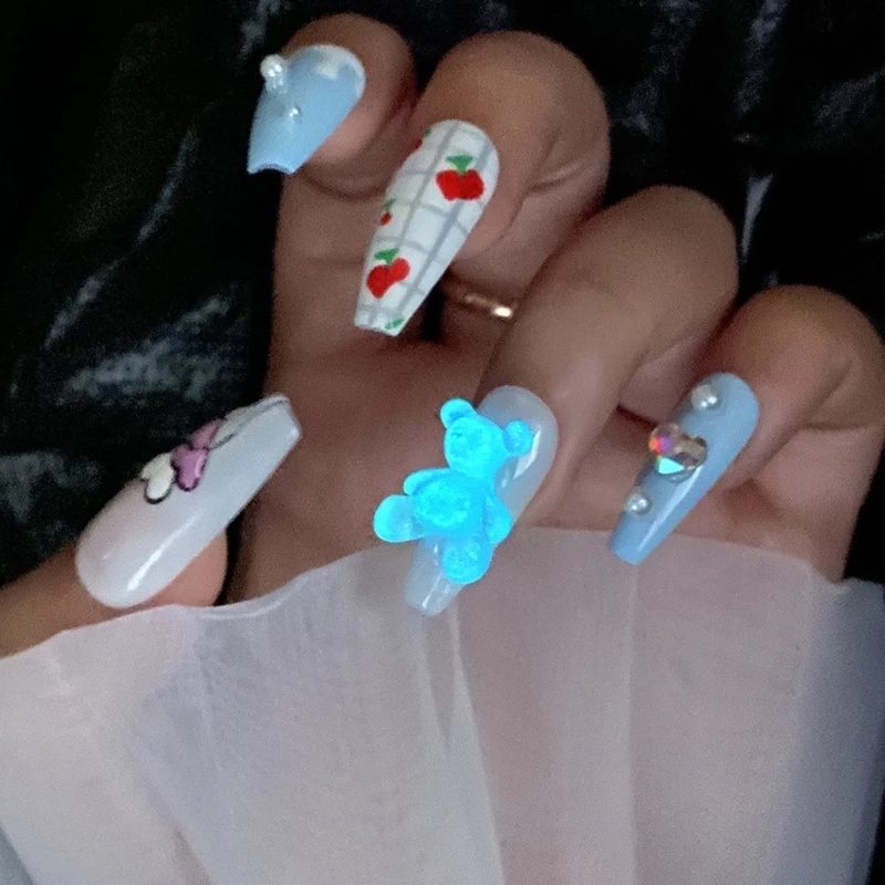 Miếng Dán Trang Trí Móng Tay Hình Gấu Hoạt Hình Dạ Quang DIY