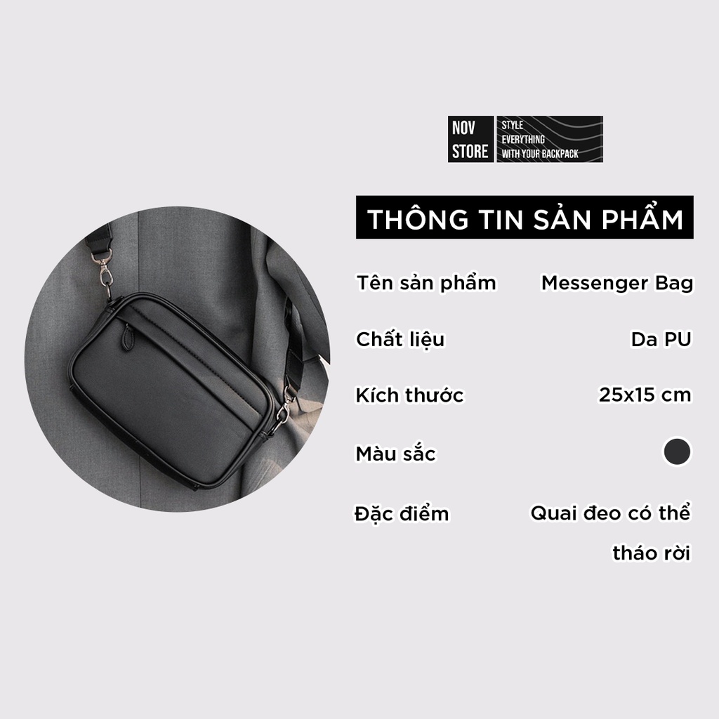 Túi đeo chéo da Pu, đứng form như hình, chống nhăn và chống thấm nước - Black Messenger Bag