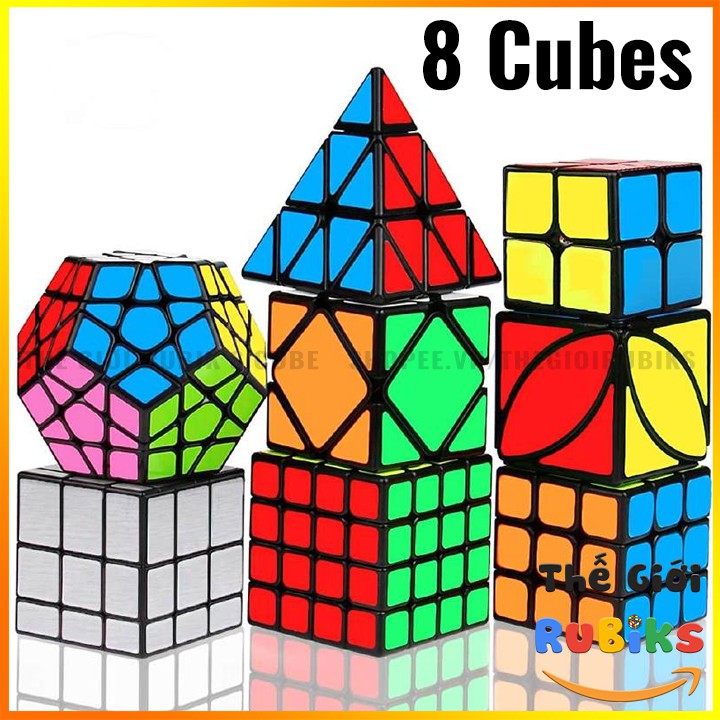 Set 8  Rubik TẶNG Sách, 8 Đế QiYi Sticker Viền Đen 2x2, 3x3, 4x4, Tam Giác, 12 Mặt, Mirror Gương bạc, Windmill, Ivy Cube