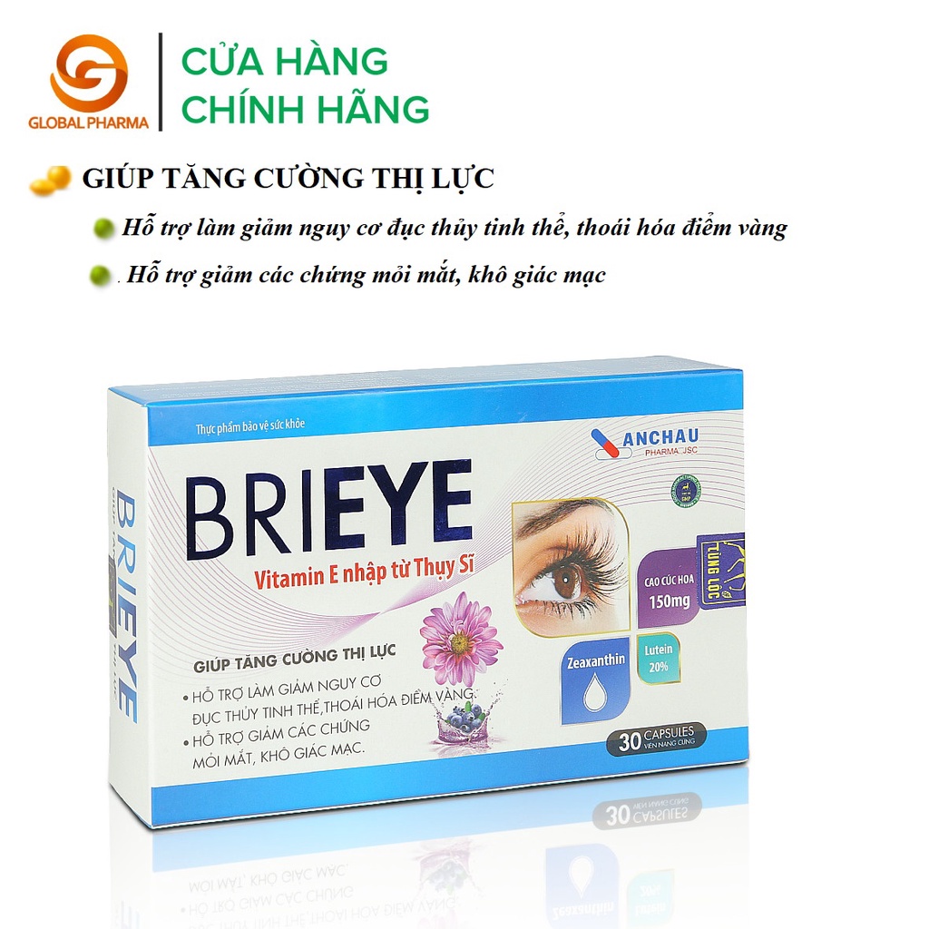 Viên uống Brieye An Châu giảm nguy cơ đục tinh thủy hỗ trợ thị lực cho mắt vitamin e hộp 3 vỉ 30 viên - Global Pharma