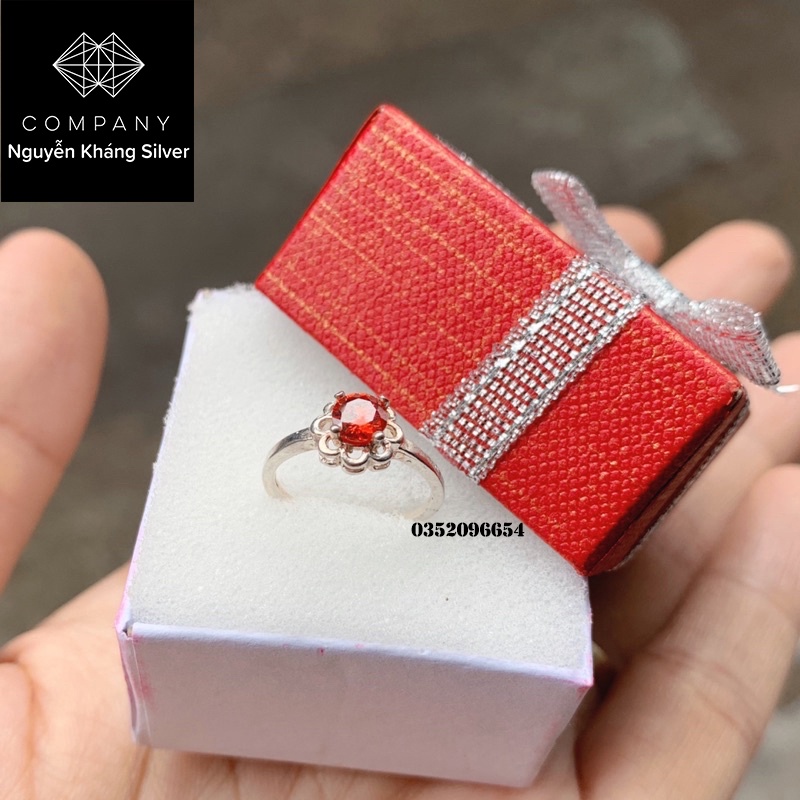 NHẪN CHO BÉ, BẠC TA, HÌNH HOA, ĐÁ ĐỎ