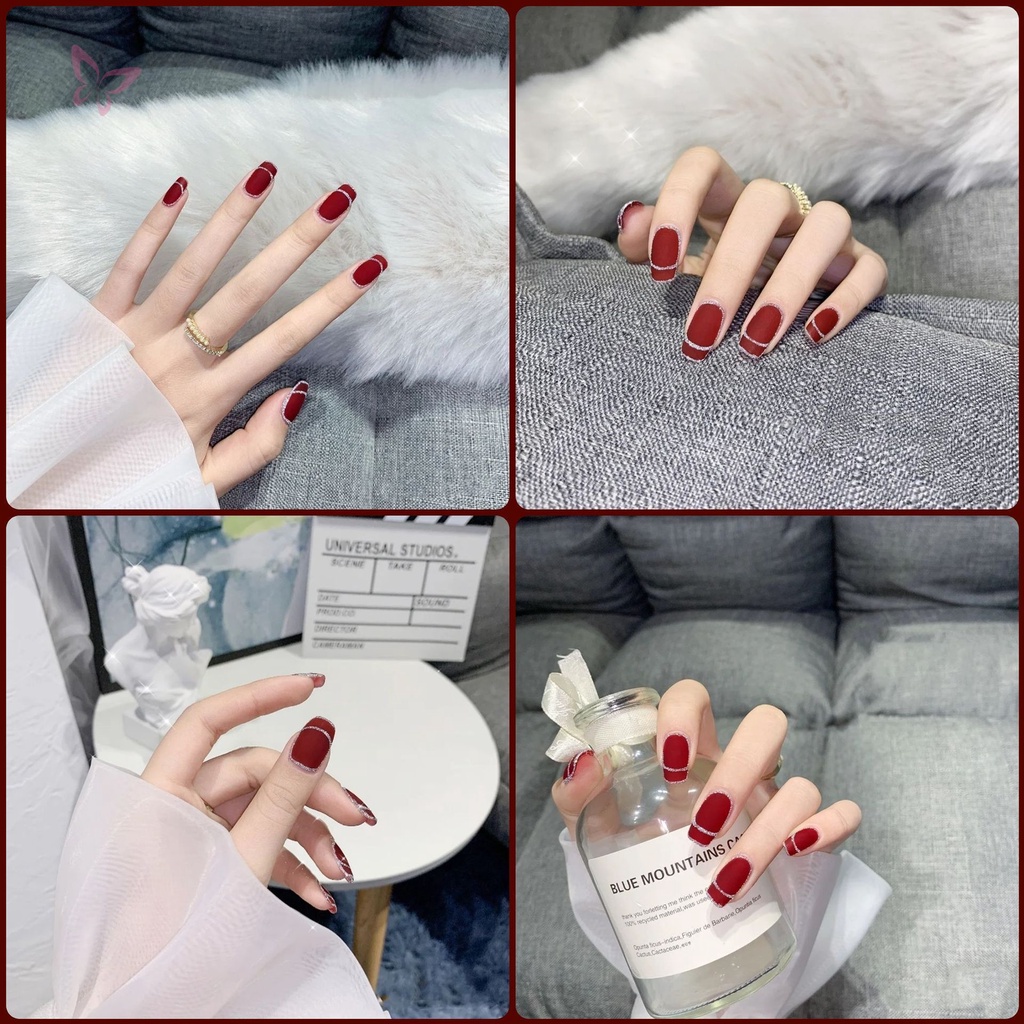 Bộ Móng Tay Giả Màu Đỏ Phong Cách Pháp Có Thể Tháo Rời
