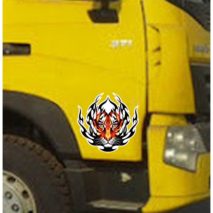 Tem đầu hổ dán mõm xe, hình hổ lửa trang trí xe tải nhiều kích thước chất liệu decal ngoài trời