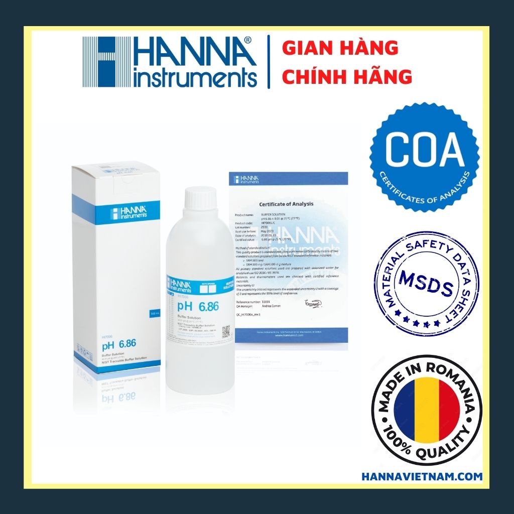 HI7006L - Dung Dịch Hiệu Chuẩn pH Điểm 6.86, Chất Lượng Cao NIST Và Kèm Chứng Nhận Phân Tích (COA)