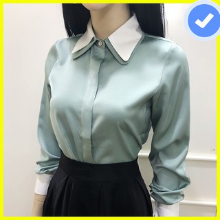 Áo sơ mi nữ cổ đức màu xanh 👉lụa đẹp👉 ảnh thật