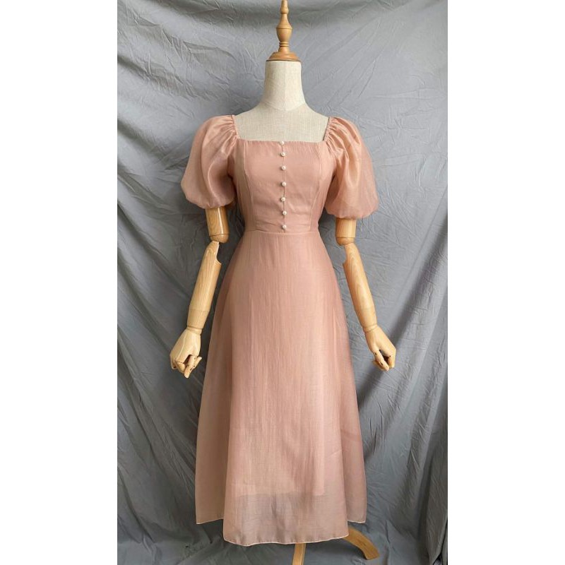 Đầm midi tơ xốp thắt nơ eo đính hột