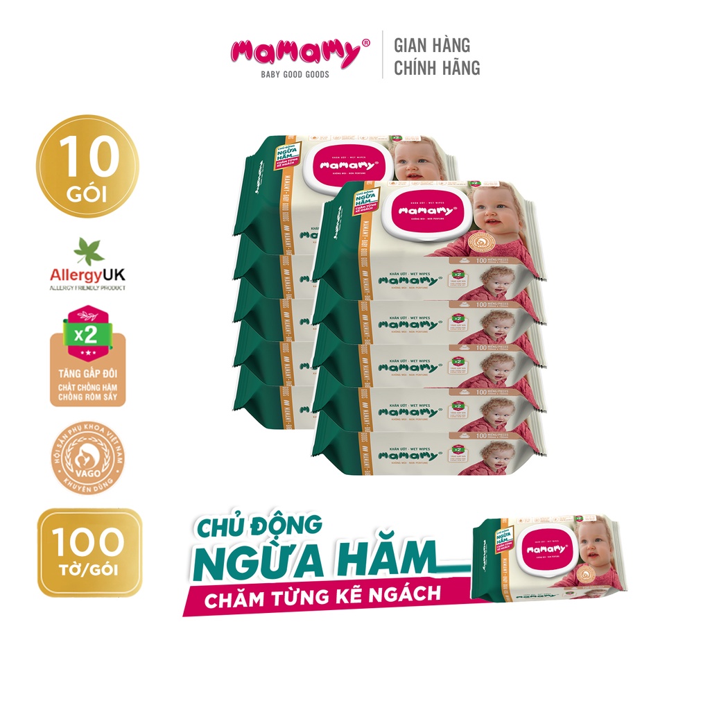 [10 tặng 20] Combo 10 Khăn giấy ướt 100 tờ có nắp chủ động ngừa hăm Mamamy tặng 20 gói khăn ướt Mamamy 30 tờ cùng mùi