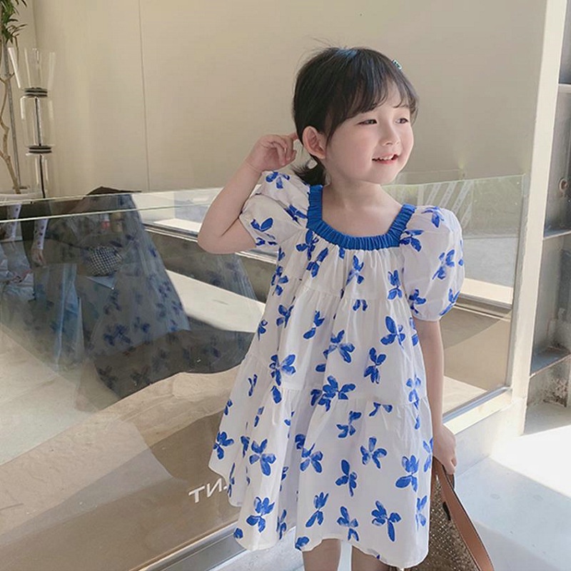 váy cho bé gái Đầm Tay Phồng Cổ Vuông Họa Tiết Bướm Xanh Thời Trang Mùa Hè Cho Bé Gái 1-6 Tuổi