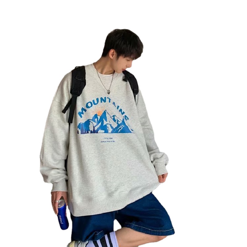 Áo sweater tay dài cổ tròn dáng rộng in họa tiết hoạt hình phong cách đường phố năng động Hàn Quốc cho nam