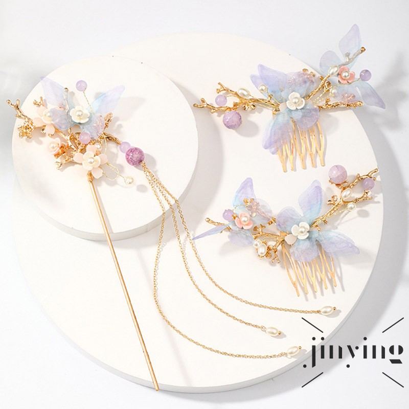 GETNOIVAS Bộ Cài Tóc Đính Hoa Phối Tua Rua Phong Cách Cổ Trang Trung Hoa