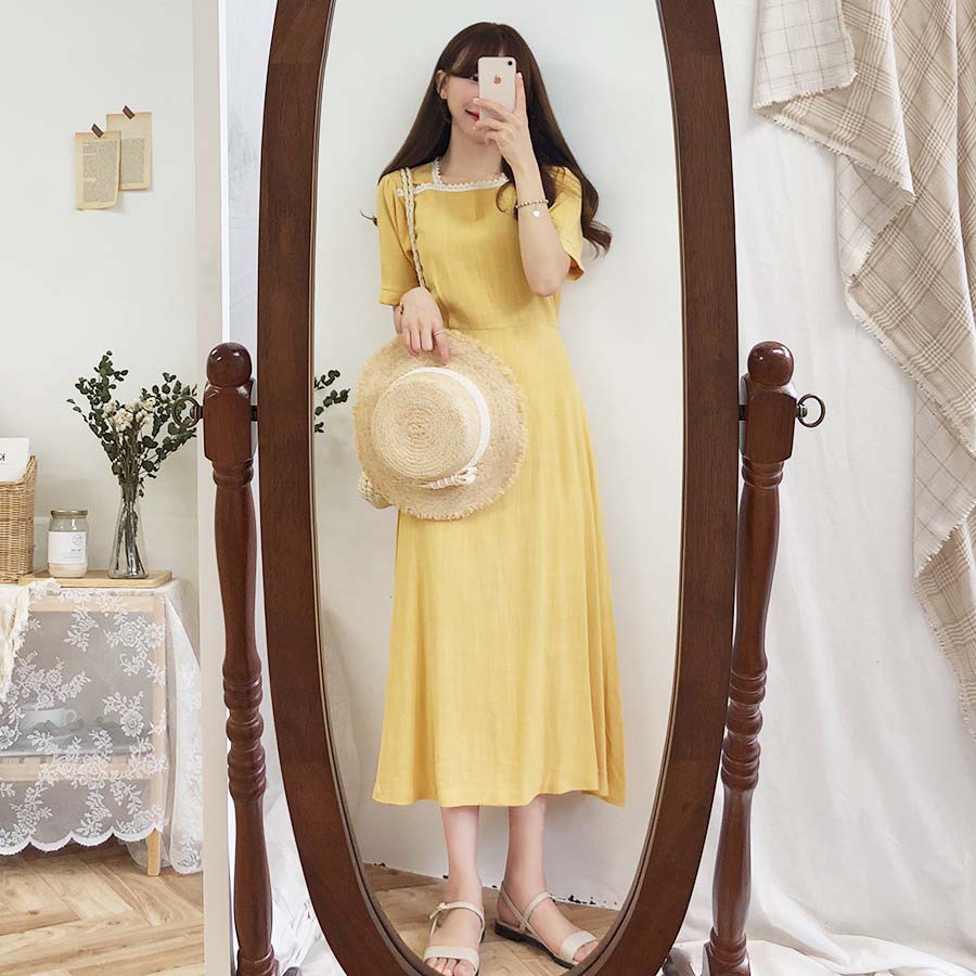 Váy Vintage - Đầm Nữ Cổ Vuông Phối Ren 4 Màu Đơn Giản | BigBuy360 - bigbuy360.vn