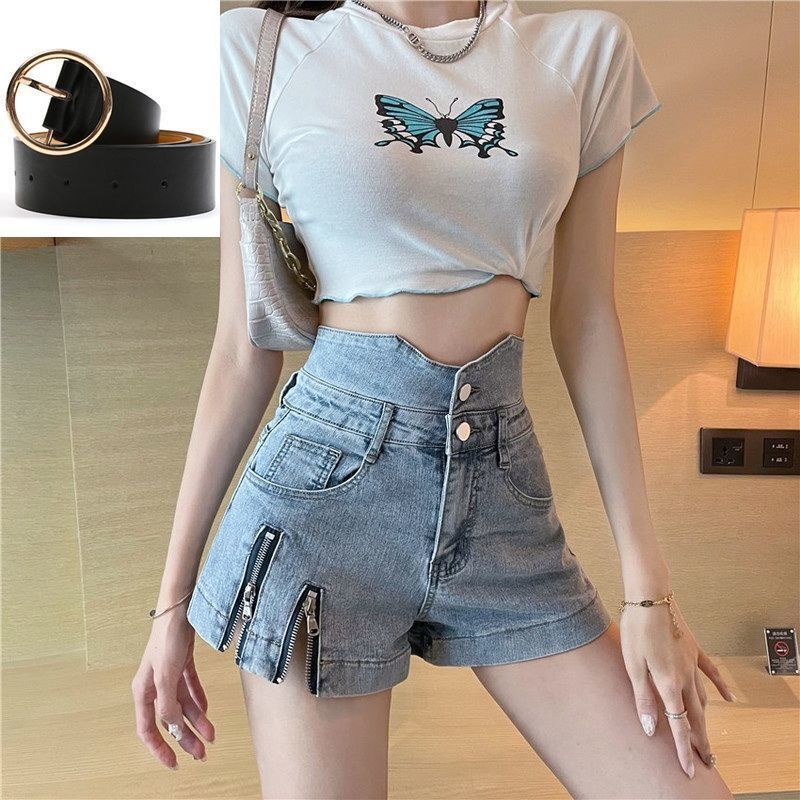 Quần short denim lưng cao cột dây màu sáng phong cách Hàn Quốc thời trang mùa hè quyến rũ cho nữ