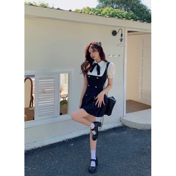 Váy sơ mi phối màu đen trắng cổ polo ngắn tay chiết eo