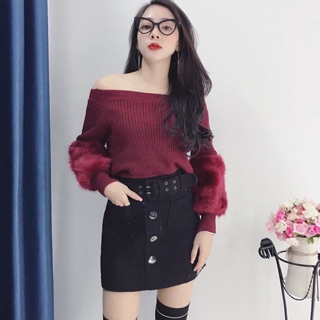 Áo len trễ vai tay lông