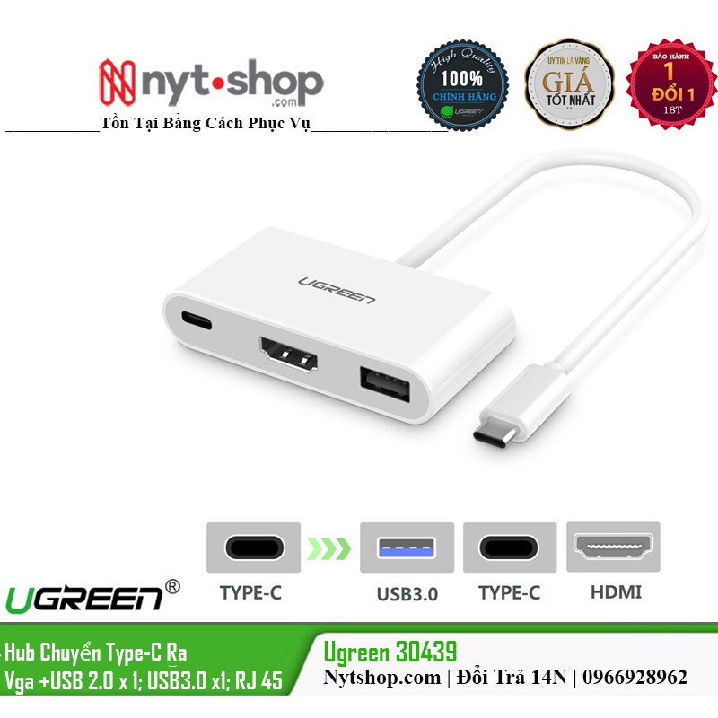Hub Chuyển USB 3.1-C to USB 3.0 + HDMI + Type-C Power Ugreen 30377