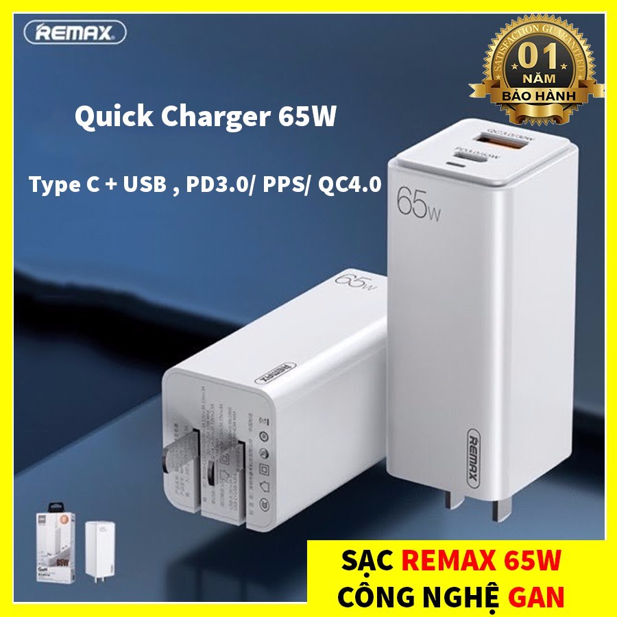 Củ Sạc Nhanh Không Nóng 65W GaN Remax RP-U50 Sạc Nhanh Cả 2 Cổng Typp-C, USB |PD3.0, QC3.0 Cho Macbook, iPad, iPhone|