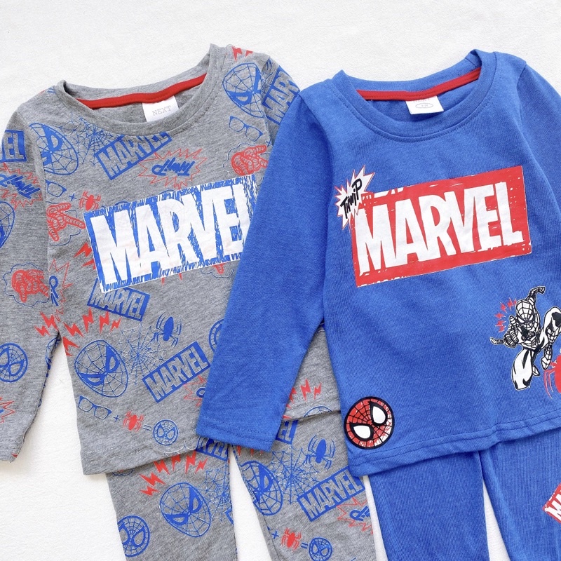Set 2 bộ cotton dài tay cho bé trai in marvel xanh ghi
