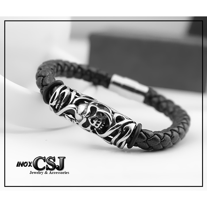 vòng tay da xịn khóa inox vip kiểu đầu lâu siêu ngầu - 03 mẫu