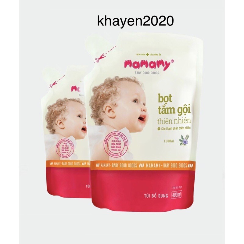 COMBO 2 TÚI BỌT TẮM GỘI THIÊN NHIÊN MAMAMY 400ml ( sữa tắm 2 in 1) hương floral