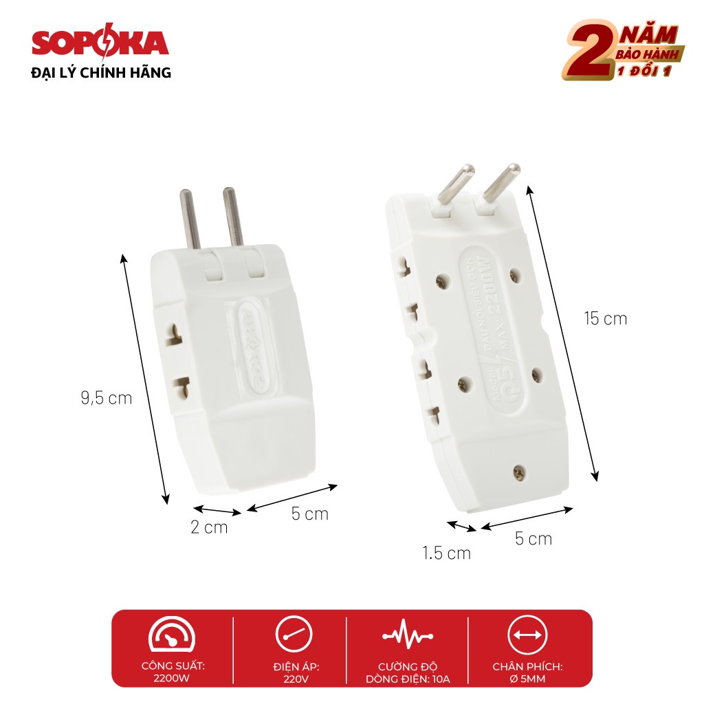 Ổ cắm chia điện thông minh 3 cửa, 5 cửa Sopoka Q3T Q5T chịu tải 2200W nhỏ gọn, xoay gập dễ dàng