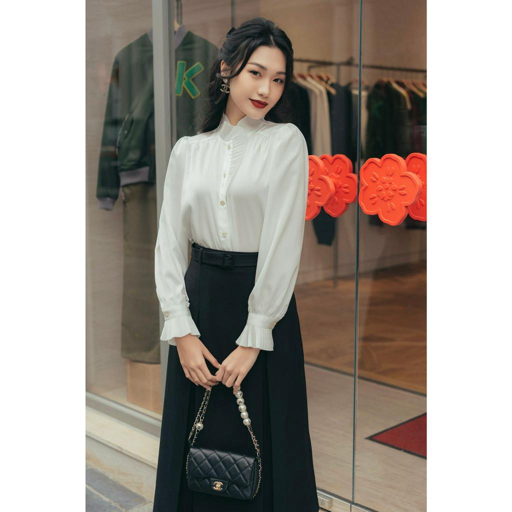 Áo sơ mi lụa satin cổ bèo dập li HUONG BOUTIQUE HBSM943