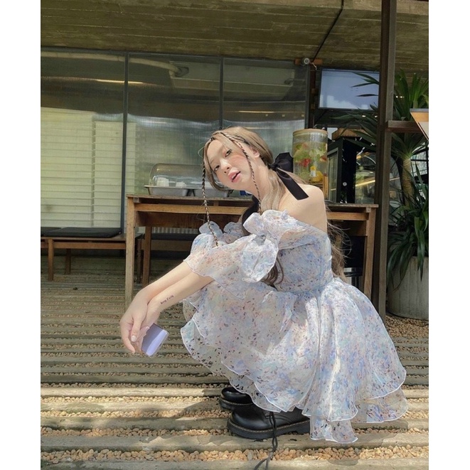 ĐẦM HOA RỚT TAY NƠ BO EO